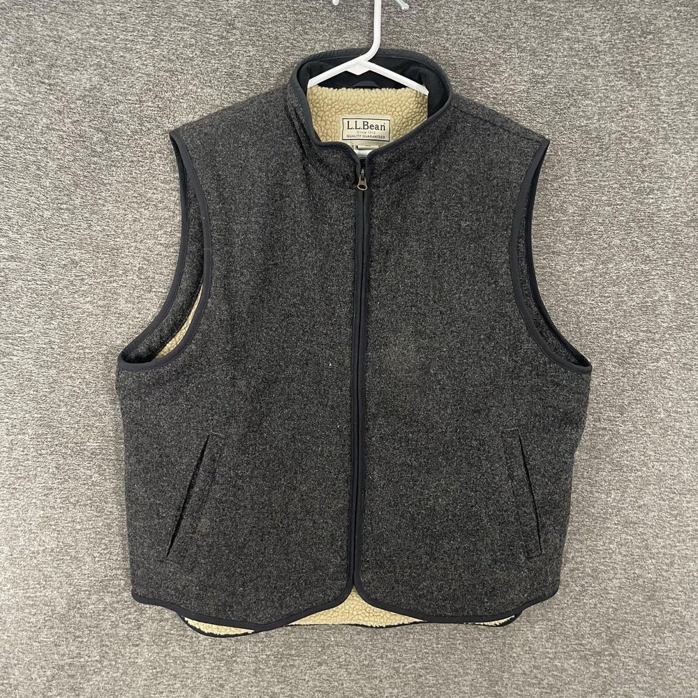 LL Bean Vest Mens Large Gray Wool Tweed Sherpa Lined Full Zip Outdoor Warm